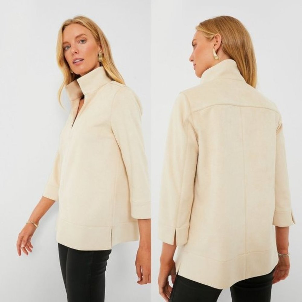 Tuckernuck NEW Bone Ivory Faux Suede Margot Collared 3/4 Sleeve Top Size M - Picture 2 of 10